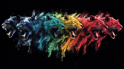 Abstract feline spectrum cascading dynamic predator artwork on dark backdrop an exploration of animalistic energy represented through vibrant spectral gradients flow