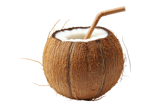 Whole coconut with a straw inserted, filled with a creamy liquid, highlighting a tropical beverage.
