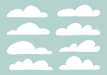 Cartoon Style Hand Drawn Cloud Icon. A soft collection of 8 cartoon style hand drawn cloud icons in various rounded flat and puffy shapes. Perfect for weather graphics sky illustrations