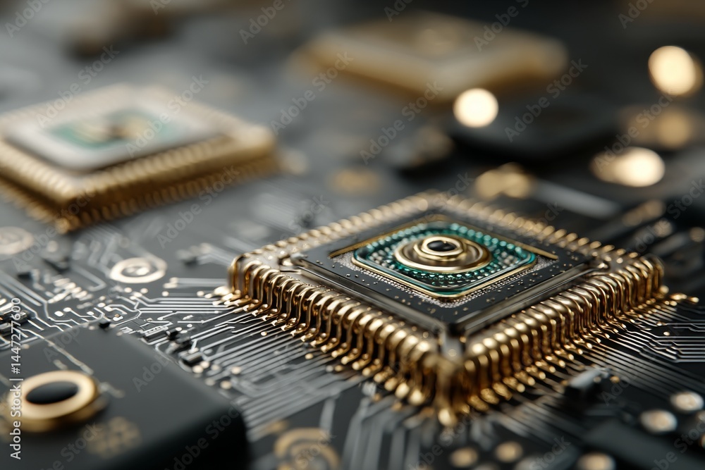 Poster close-up of detailed computer processor chip on motherboard with golden accents and intricate circui