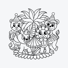 Dancing Jungle Animals Coloring Page Vector Art