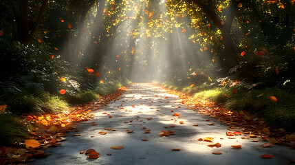 Autumnal path bathed in sunlight, falling leaves.  A serene forest walkway, covered in autumn leaves, with sunlight filtering through the trees