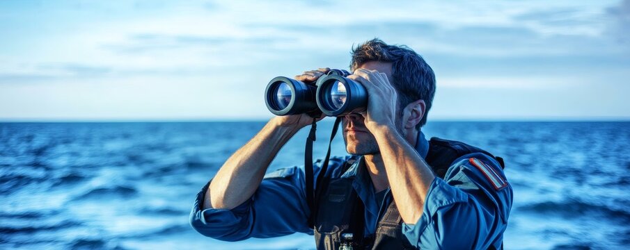A man is using binoculars to observe the vast ocean