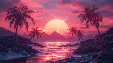 Neon sunset over a tropical beach with palm trees, vibrant mountains, and reflective water in vivid, surreal colors, Ai Generative.