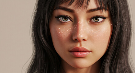 Obraz premium Close-up of Woman with Glowing Skin and Long Dark Hair Style