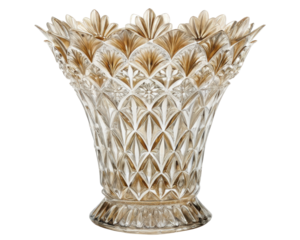 Decorative crystal vase with intricate etched design on a transparent background
