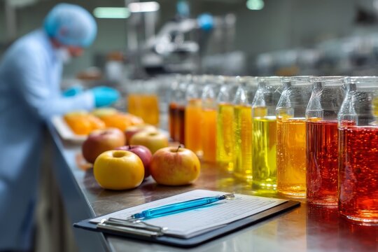 Quality control inspector examining apple juice beverages in a food beverage industry lab for color and purity in bottles - Powered by Adobe