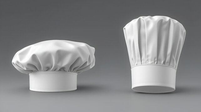 Realistic chef hat, cook cap and baker toque. 3d white chef hat. Vector kitchen headwear with tall folded crown, cotton uniform, costume for culinary staff, isolated head wear for restaurant kitchener