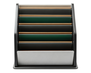 Compact file organizer with multiple slots for documents on a transparent background