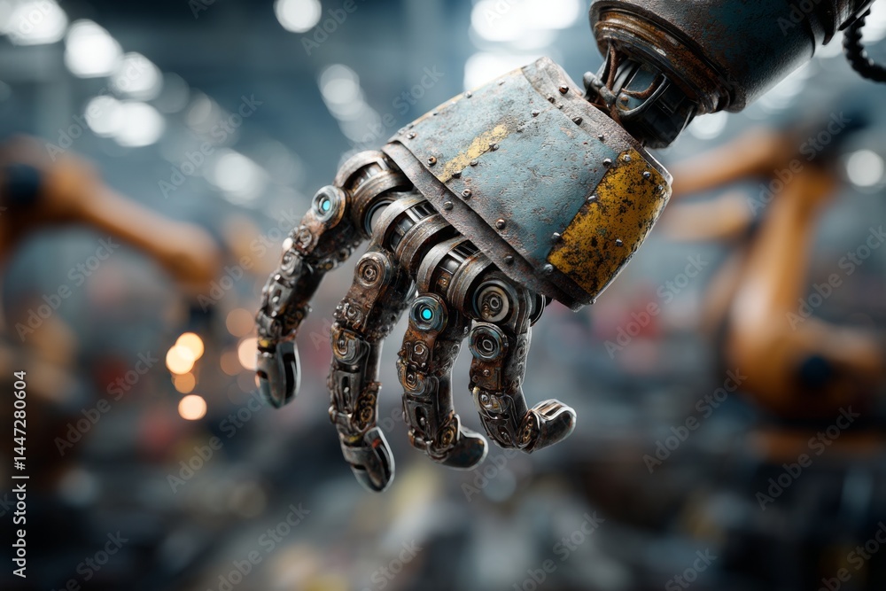 Poster intricate robotic hand with worn plating and visible inner mechanisms in a factory production area. 