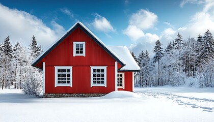 Red cabin in snowy winter landscape