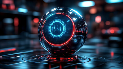 Futuristic metallic sphere with vibrant blue and red illuminated display rests on a sleek dark surface  Intricate detai