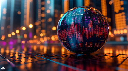 Futuristic sphere with data streams rests on a dark reflective surface against a blurred city lights backdrop  The sph