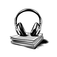 Modern headphones and stack of notes in minimalist ink illustration on white background.