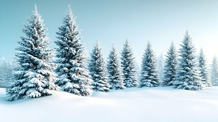Naklejka premium Snowy fir trees in a winter wonderland. A serene landscape of snow-covered evergreen trees