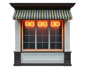 Classic storefront window with striped awning and neon lights on a transparent background