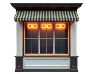 Classic storefront window with striped awning and neon lights on a transparent background