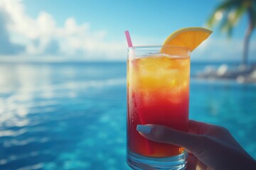 Refreshing tropical drink enjoyed by the poolside under a sunny sky in a beach resort