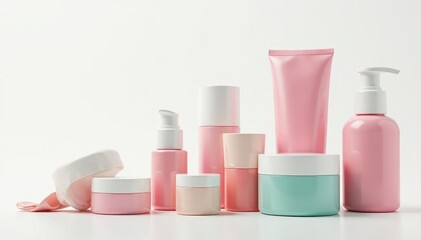 Various cosmetic containers on pristine white backdrop, image, cosmetic
