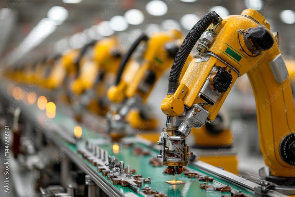 Poster precision factory automation: robotic arms work on assembly line, placing components with high accur