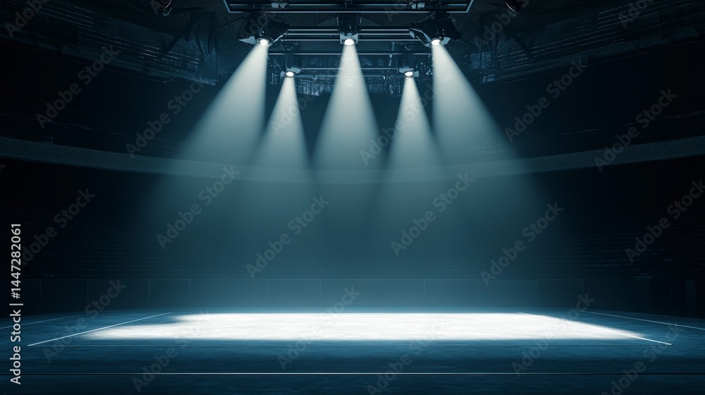 Poster empty stage with four spotlights illuminating a blank space.