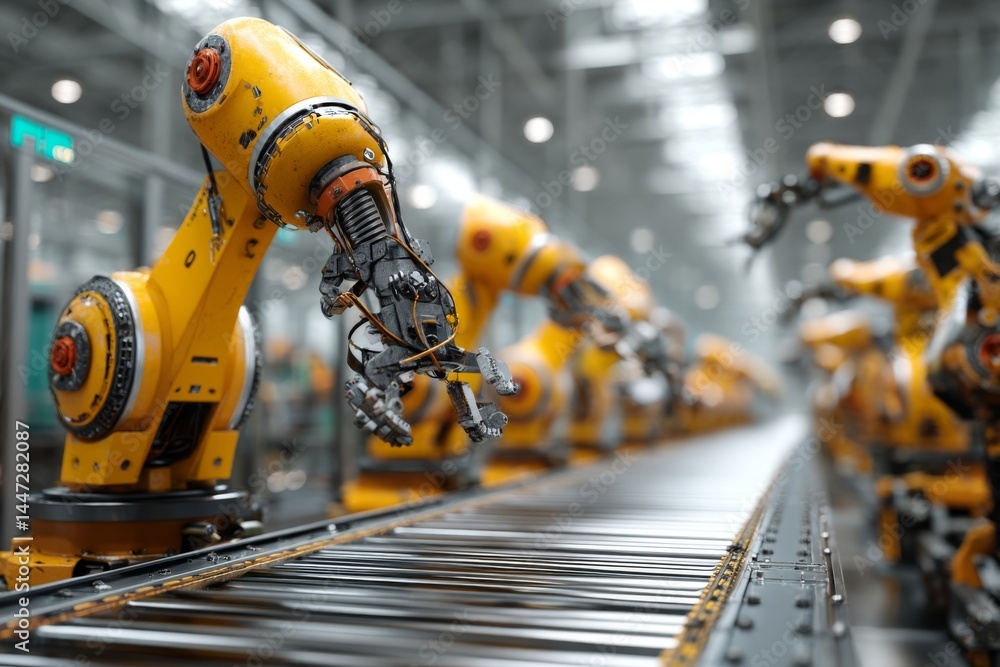 Poster automated factory assembly line with robotic arms performing precision tasks along a conveyor system