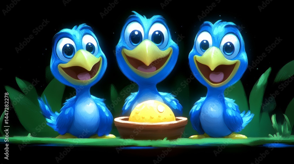 Poster three cheerful avian characters gathered around their nest in a vibrant animated forest scene perfec