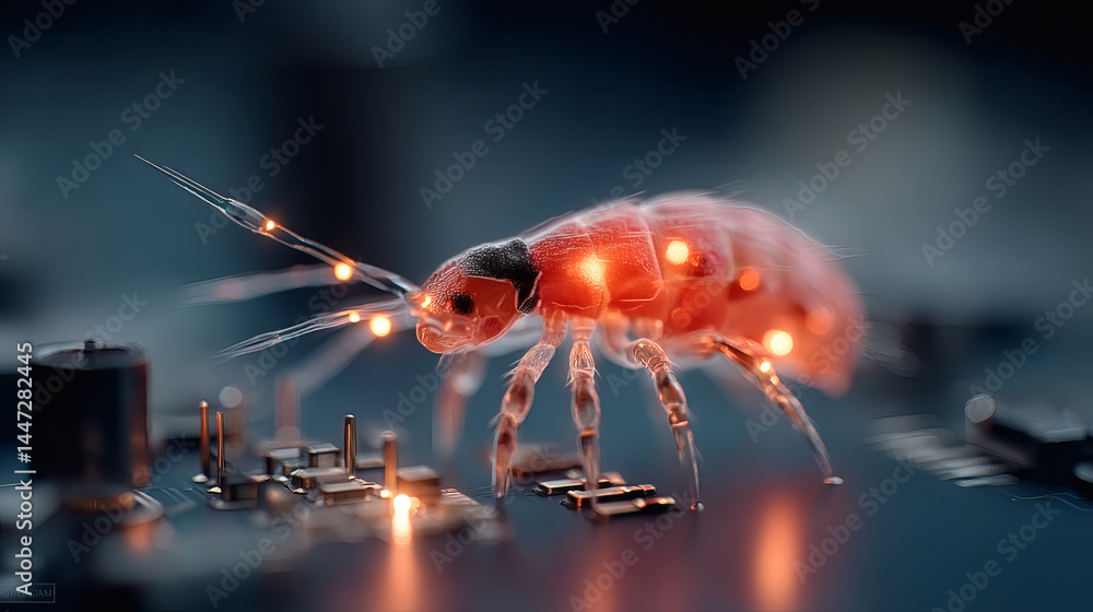 Poster digital insect on circuit board with glowing elements and leds