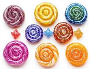 Colorful swirl candies arranged in a delightful display on a white background