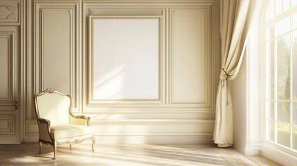 Elegant room interior with armchair, large blank canvas, and sunlight streaming through window.