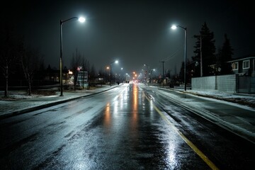 Empty street at night after rain reflecting city lights, yellow line dividing road in a residential district during winter.