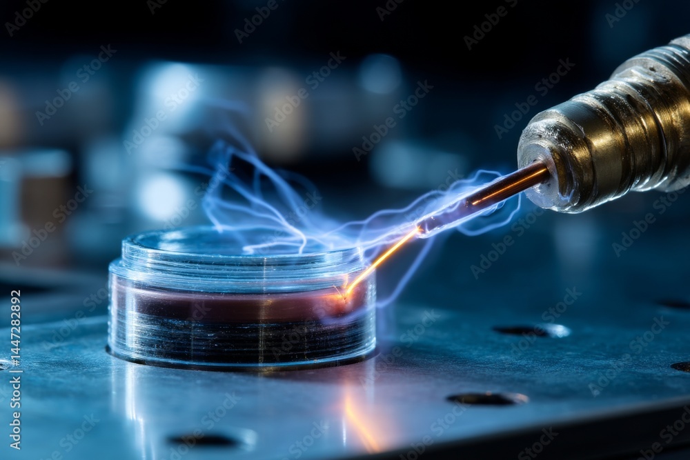 Poster electric discharge machining on a metal part, close-up view of tool and spark process on a textured 