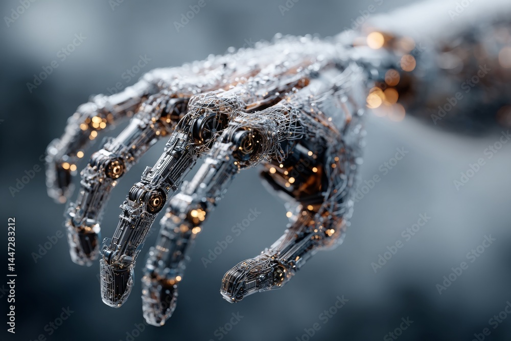 Poster detailed robotic hand with intricate mechanical parts and glowing accents on a neutral background in