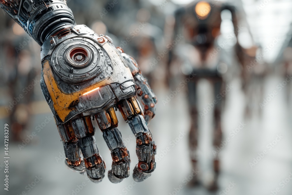 Poster close-up view of metallic robotic arm and hand in industrial setting with other automatons blurred i