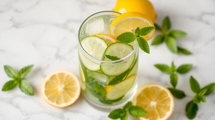 Fresh Lemon Cucumber Detox Water with Mint Leaves on Marble Background, Refreshing Wellness Concept