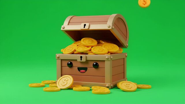 Cartoon treasure chest filled with golden coins on solid green background