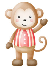 Watercolor circus monkey with striped vest on transparent background.