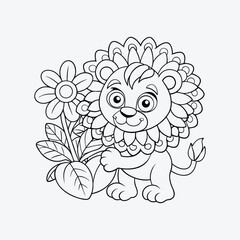 Lion Giving Flowers Coloring Page Vector Drawing