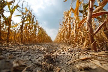 Fototapeta premium Rows of mature field corn under a blue sky, showcasing the end of harvest season with cracked dry soil and crop residue.