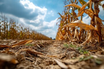 Agricultural cornfield featuring rows of dried maize plants against a partly cloudy blue sky during the growing season