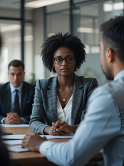 Conversation, business people and meeting or interview in office with a black woman as leader. A serious African female entrepreneur with employee talking for advice, idea or communication at work