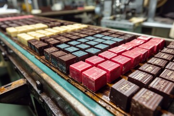 Obraz premium Assorted gourmet chocolates on a conveyor, with white, blue, red and brown colors being transported in factory