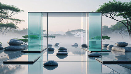 Minimalist zen garden with glass architecture and misty landscape serene ambiance