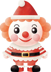 Watercolor illustration of a clown dressed as santa on transparent background.