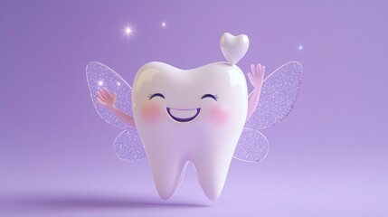 A cute cartoon tooth fairy with wings and a heart, smiling happily against a purple background.