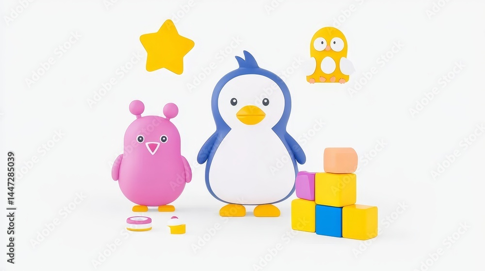 Poster whimsical pixelated friends a charming scene of playful animal characters starry accents and stacked