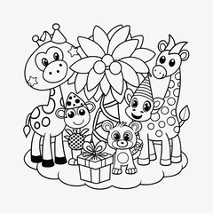 Animal Birthday Party Coloring Page Vector Art