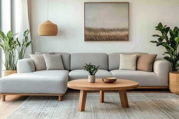 Modern living room design featuring light colors, natural materials, and plants, creating a cozy and inviting atmosphere