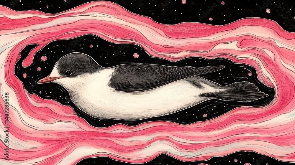 Poster whimsical rendering of a resting skunk nestled amidst cosmic swirls and shimmering celestial dots cr