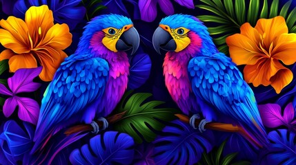 Fototapeta premium EnigmaticParrotDuetAmidstTropicalFloraVibrantHuesExoticBirdsNeonFeathersJungleBlossomsParadiseAvianHarmonyElectricColorationLushFoliageDreamlikeArtwork